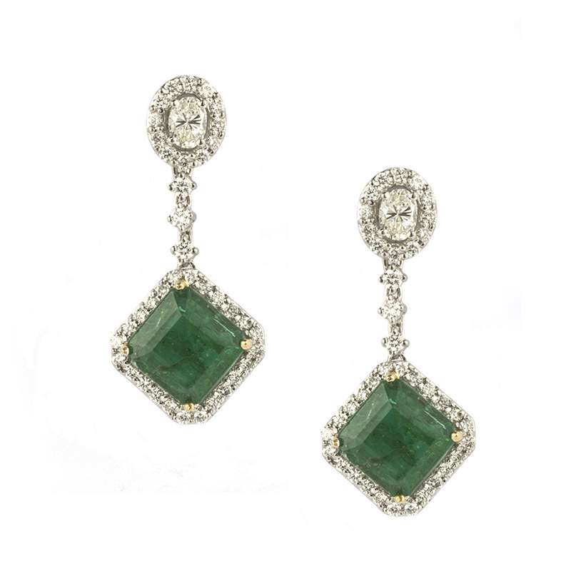 18k White Gold Emerald & Diamond Drop Earrings | Rich Diamonds
